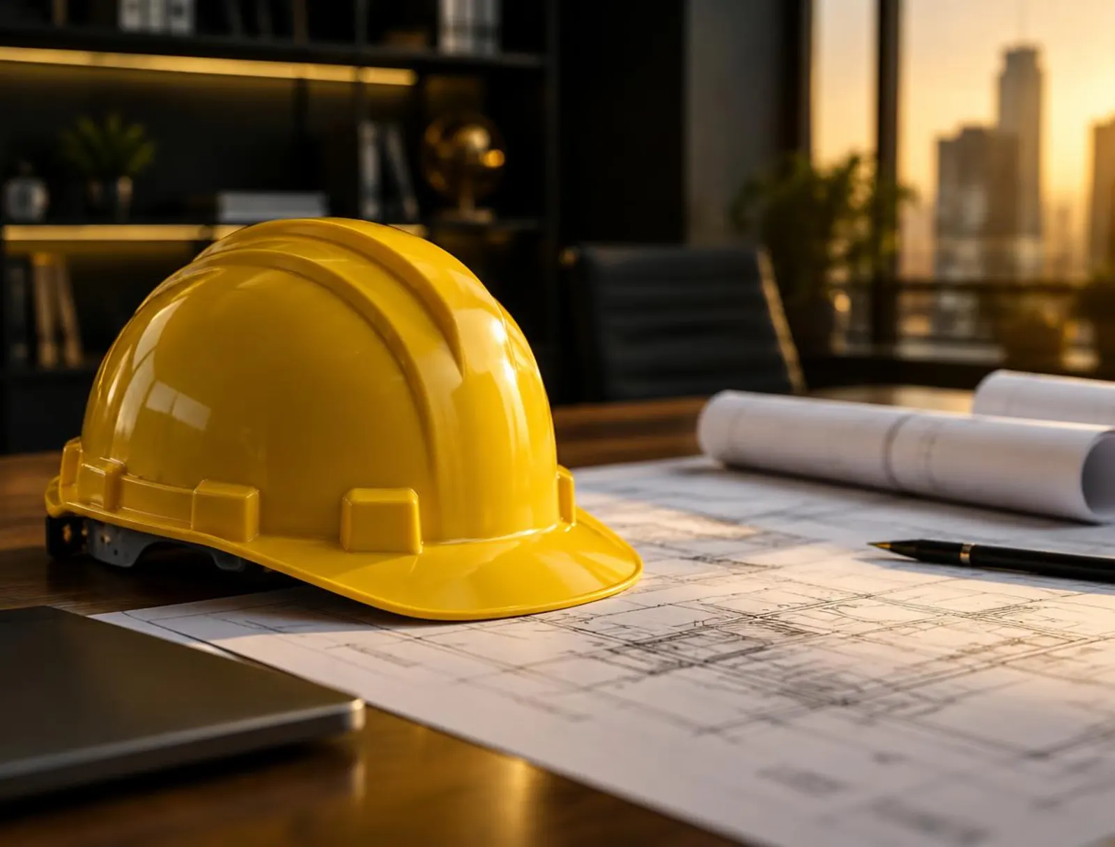 Yellow safety helmet on engineering plans